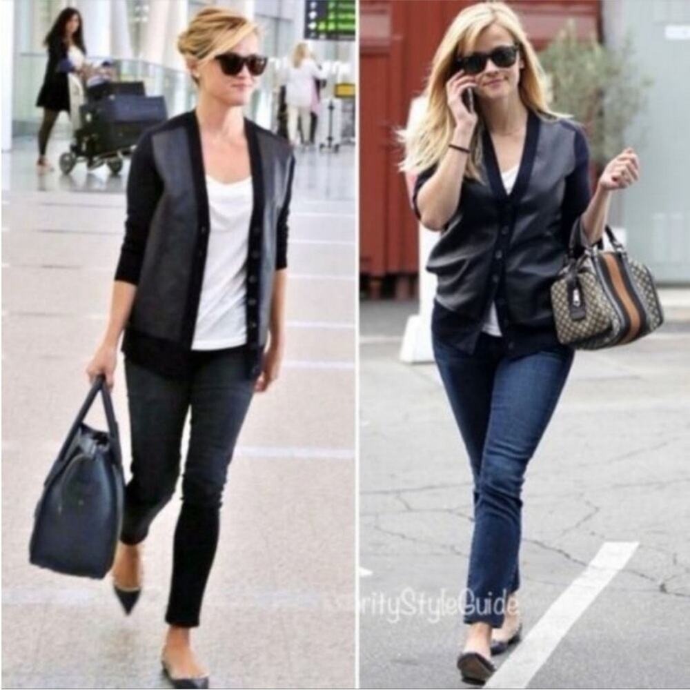 J. Crew Collection Black Merino Wool‎ Leather Front Cardigan Sweater XXS